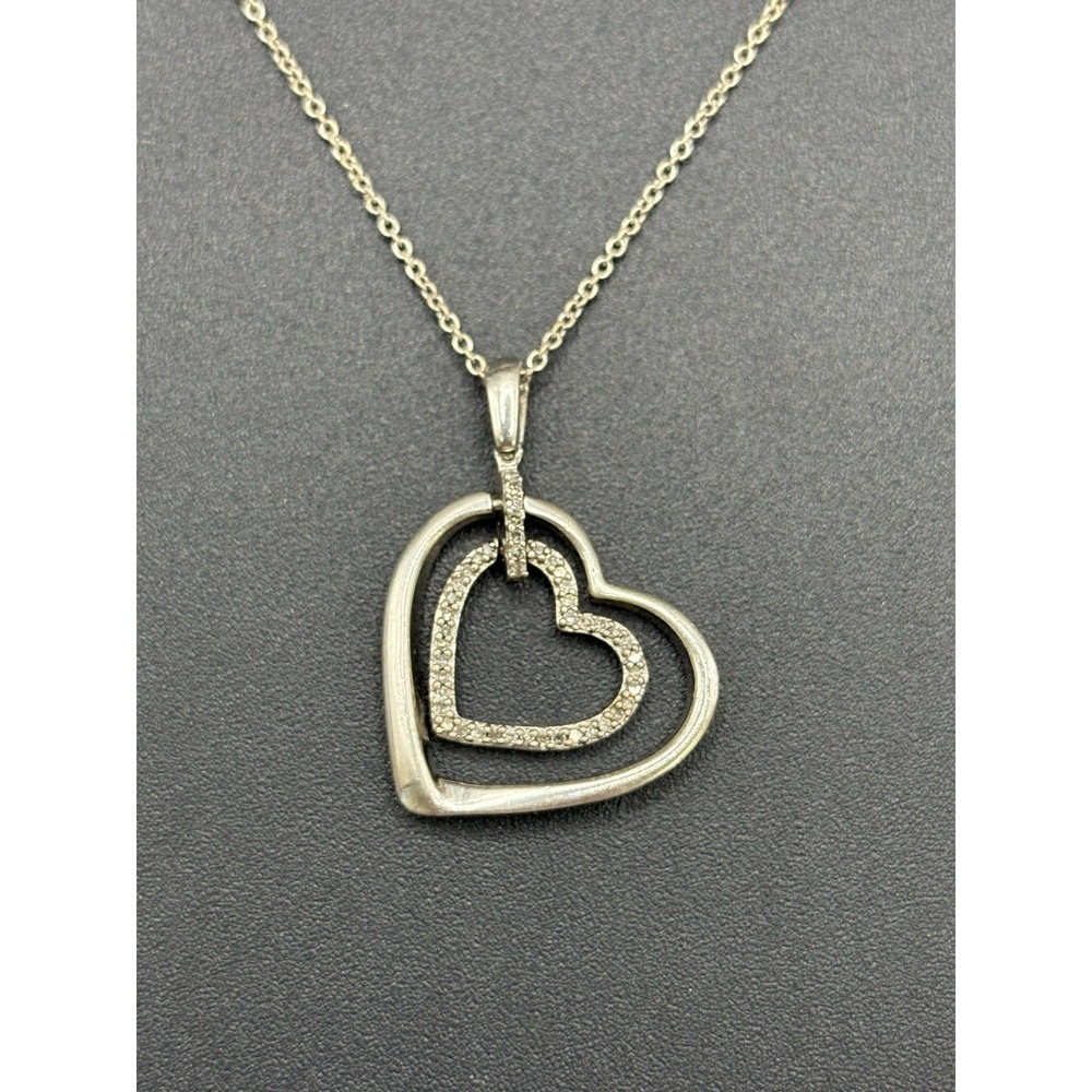 18" Sterling Silver Genuine Diamond Double Heart Pendant Necklace E20